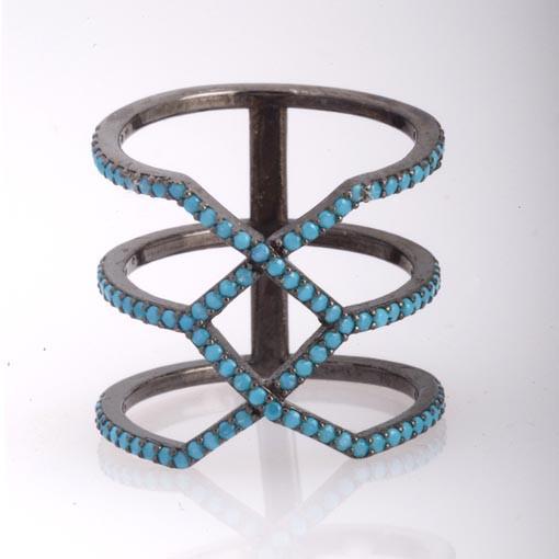 Rhodium Plated Silver Long Geometrical Ring WithTurquoise Cubic Zirconia - Anthos Crafts