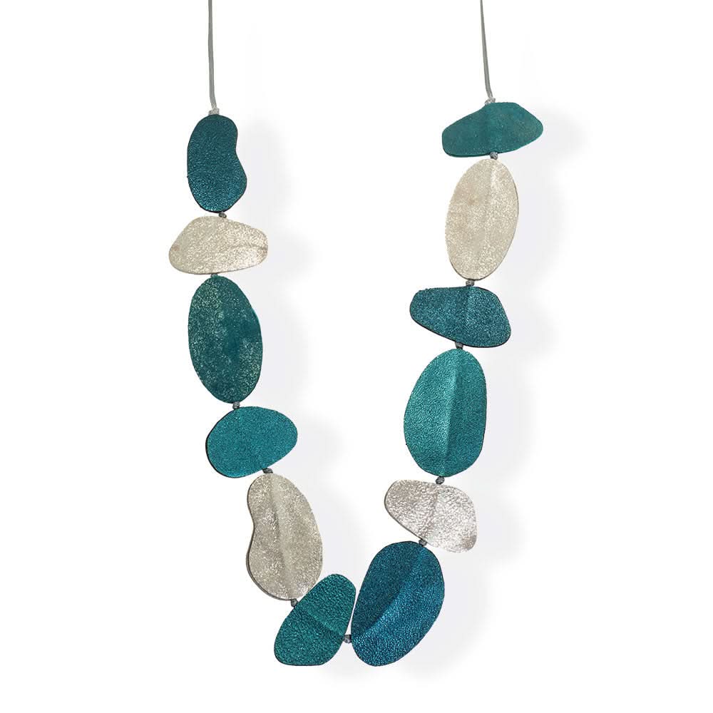 Handmade Leather Necklace Silver & Petrol Pebbles - Anthos Crafts