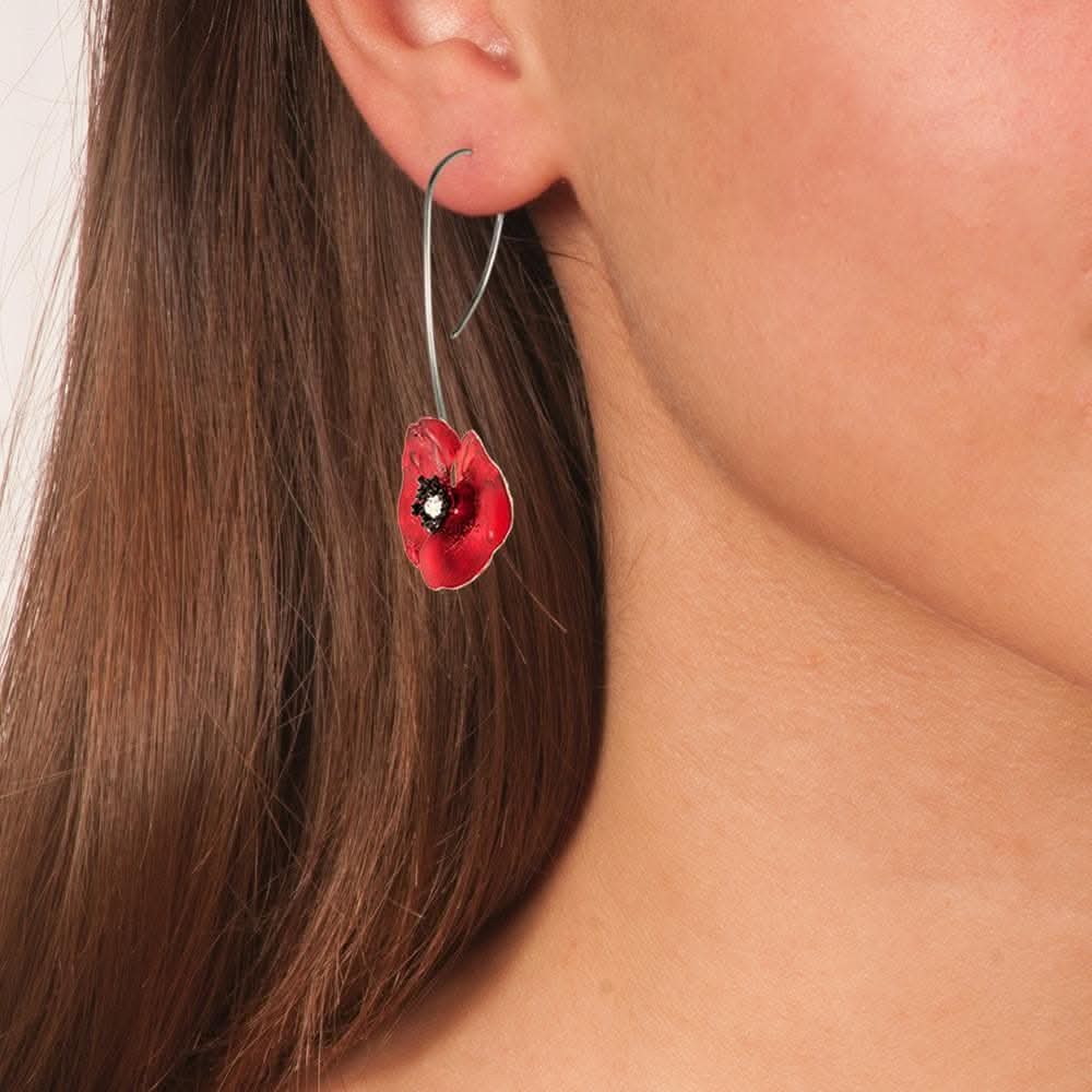 Handmade Silver Red Poppy Flower Drop Earrings - Anthos Crafts