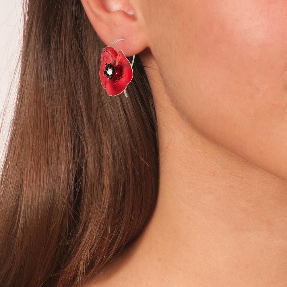 Handmade Sterling Silver Red Poppy Flower Dangle Earrings - Anthos Crafts