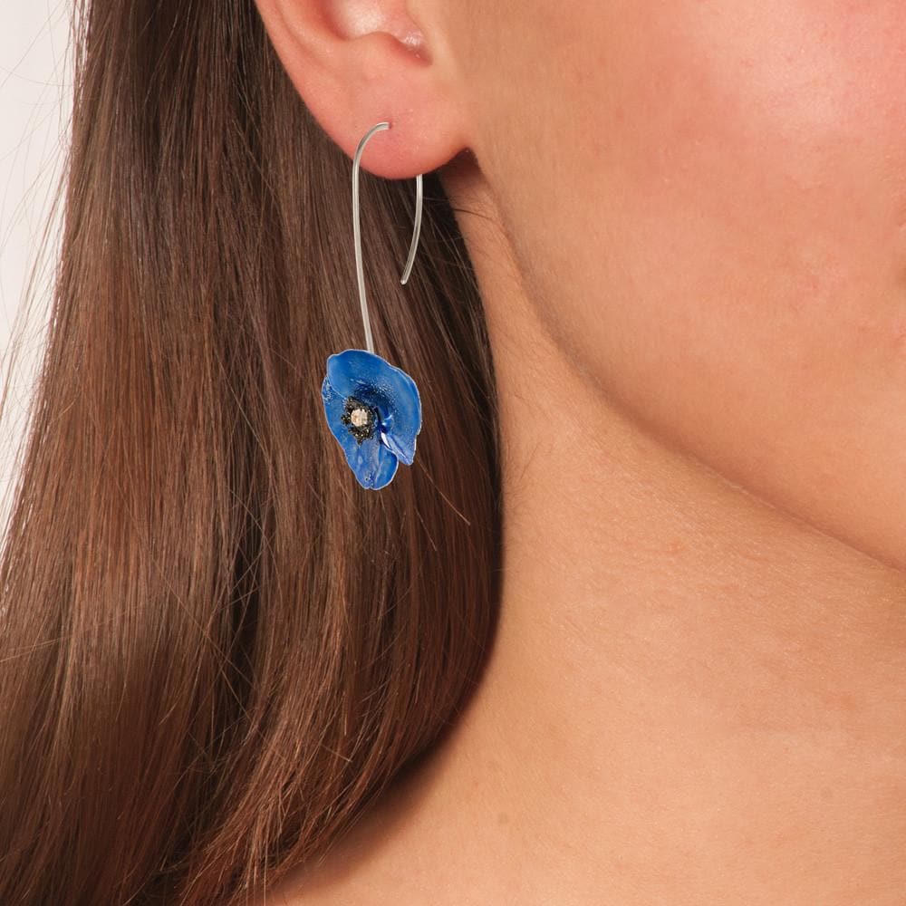 Handmade Sterling Silver Sky Blue Poppy Flower Drop Earrings - Anthos Crafts