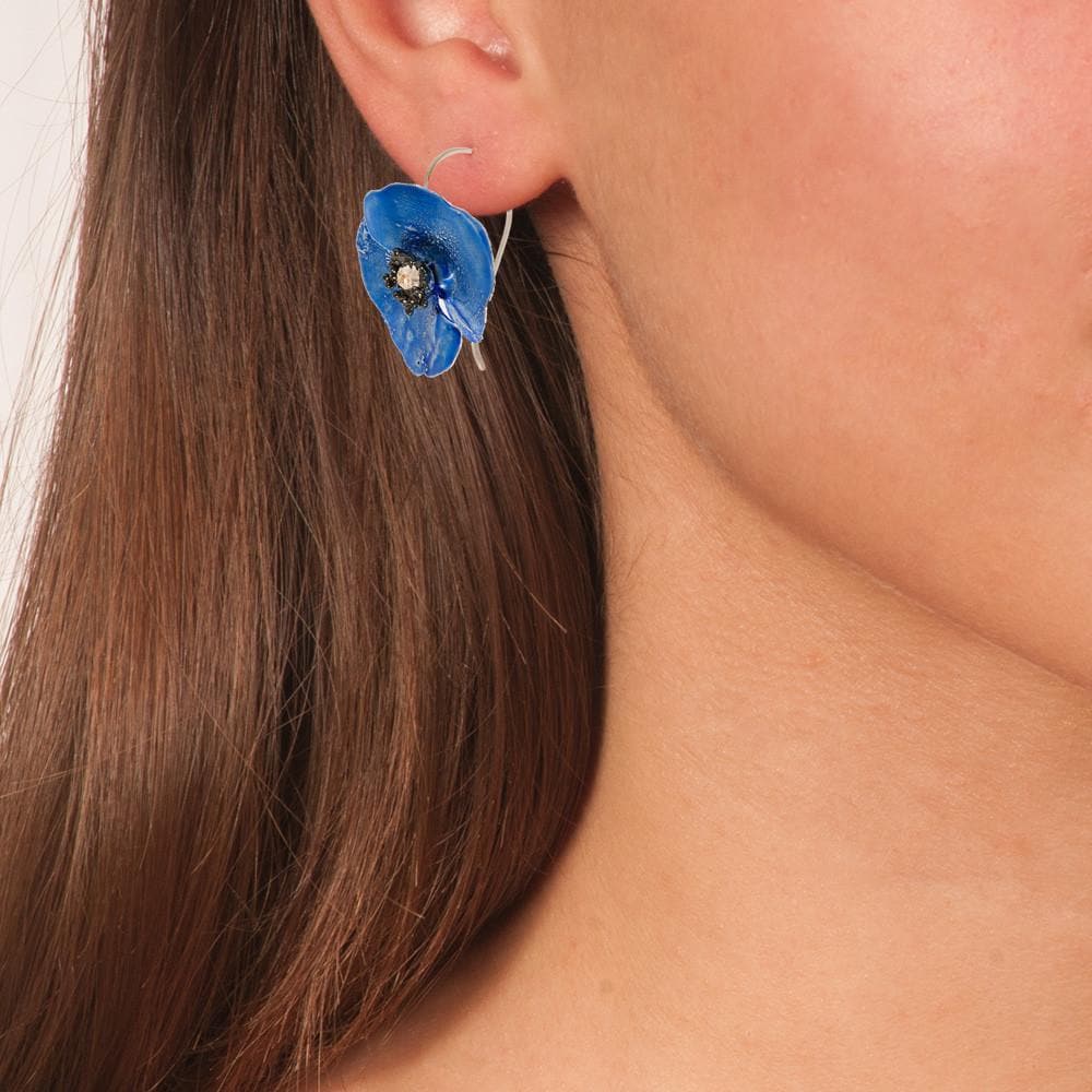 Handmade Sterling Silver Sky Blue Poppy Flower Dangle Earrings - Anthos Crafts