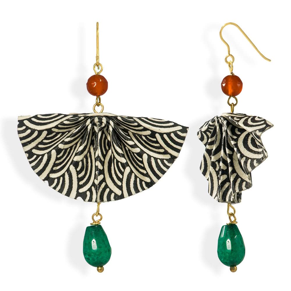 Origami Earrings B&W Fans With Gemstones - Anthos Crafts