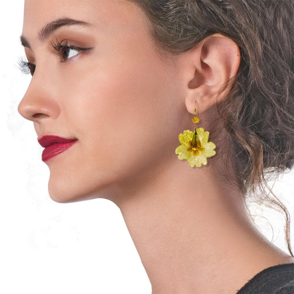 Handmade Gold Plated Silver Yellow Primrose Dangle Earrings With Swarovski Stones - Anthos Crafts