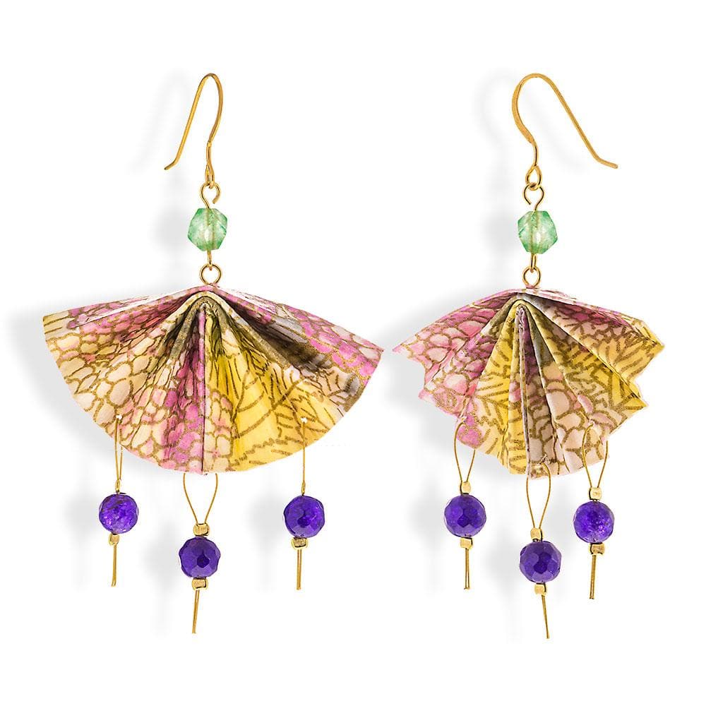 Origami Earrings Yellow Pink Fans With Gemstones - Anthos Crafts