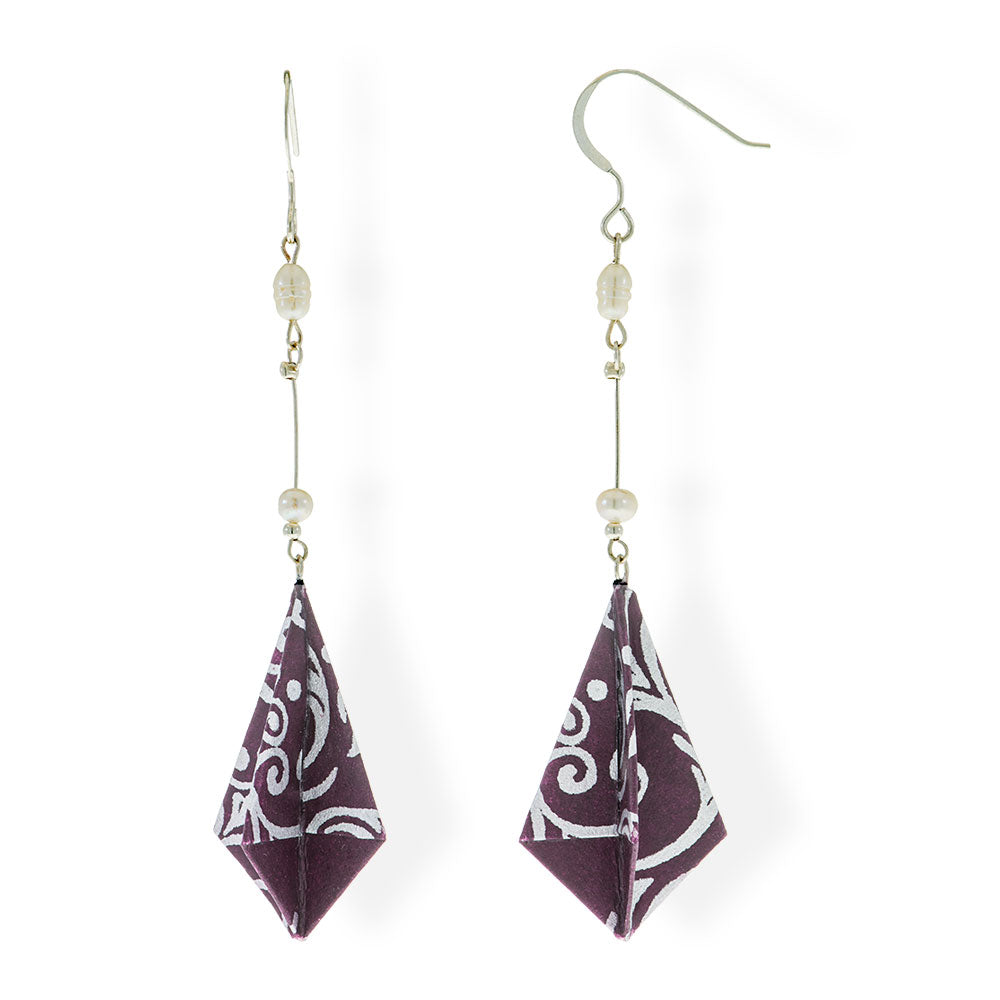 Origami Earrings Purple Silver Diamonds With Pearls - Anthos Crafts