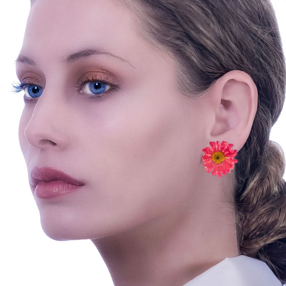 Handmade Silver Coral Daisy Resin Stud Earrings - Anthos Crafts