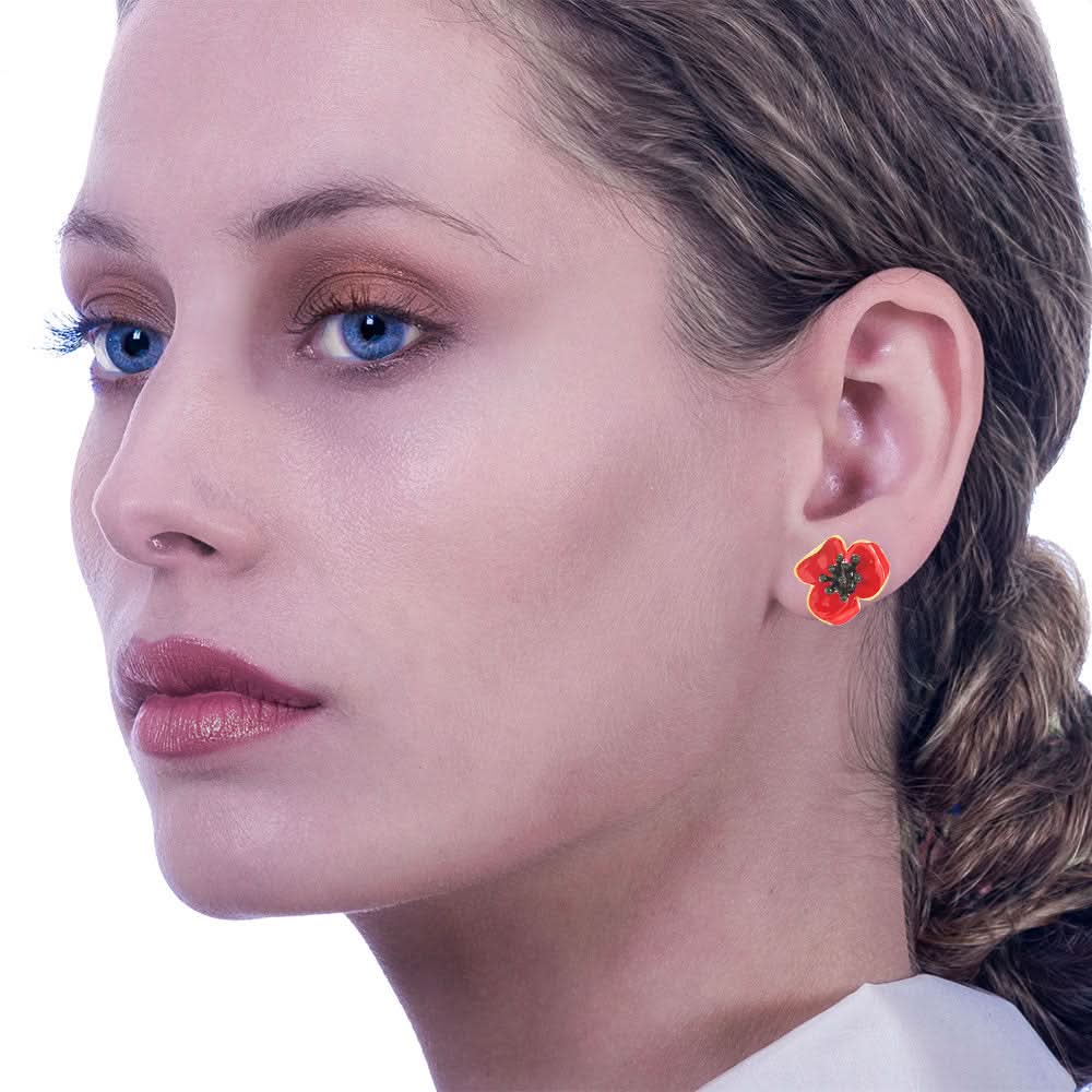 Handmade Gold Plated Red Poppy Stud Earrings - Anthos Crafts