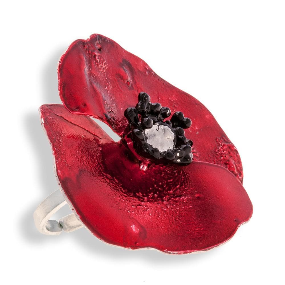 Handmade Sterling Silver Impressive Red Poppy Flower Ring - Anthos Crafts
