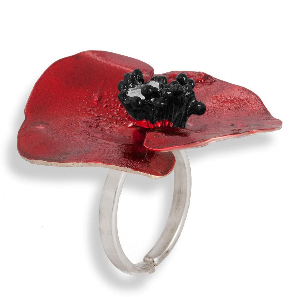 Handmade Sterling Silver Impressive Red Poppy Flower Ring - Anthos Crafts
