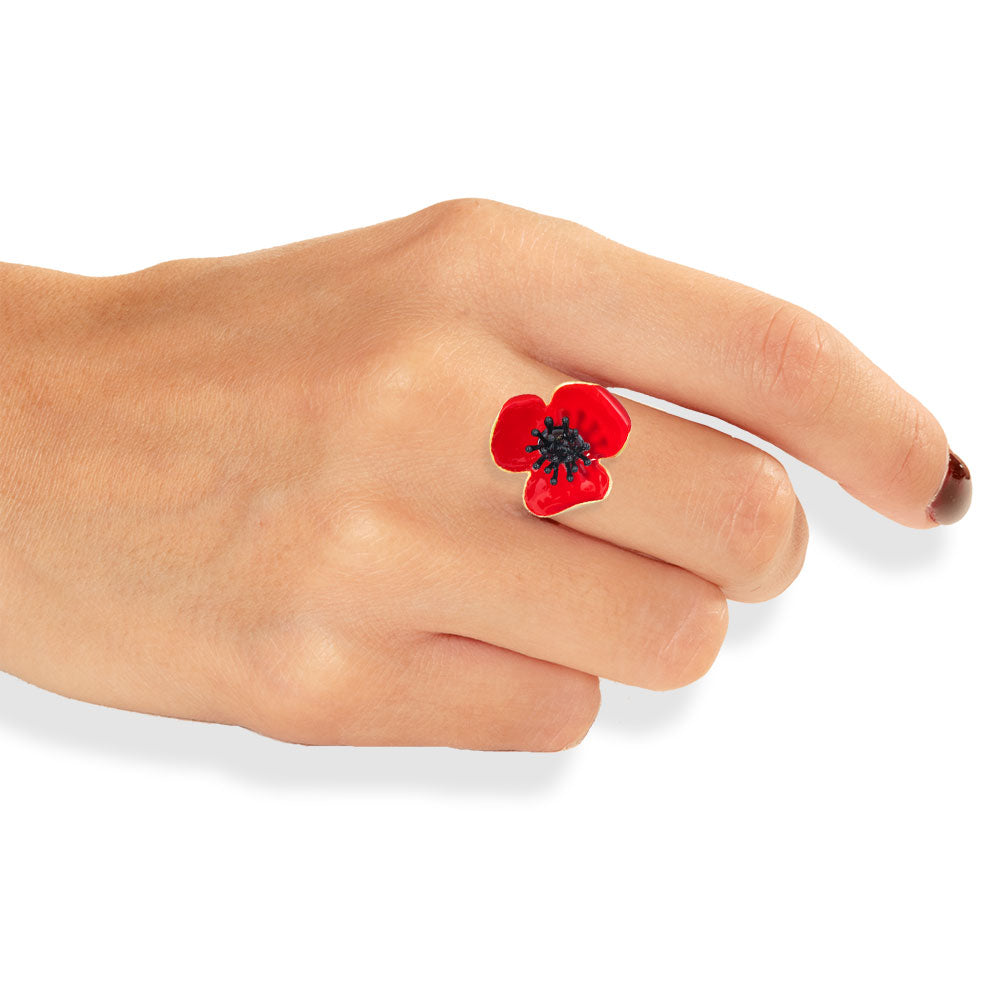Handmade Gold Plated Red Poppy Flower Ring - Anthos Crafts