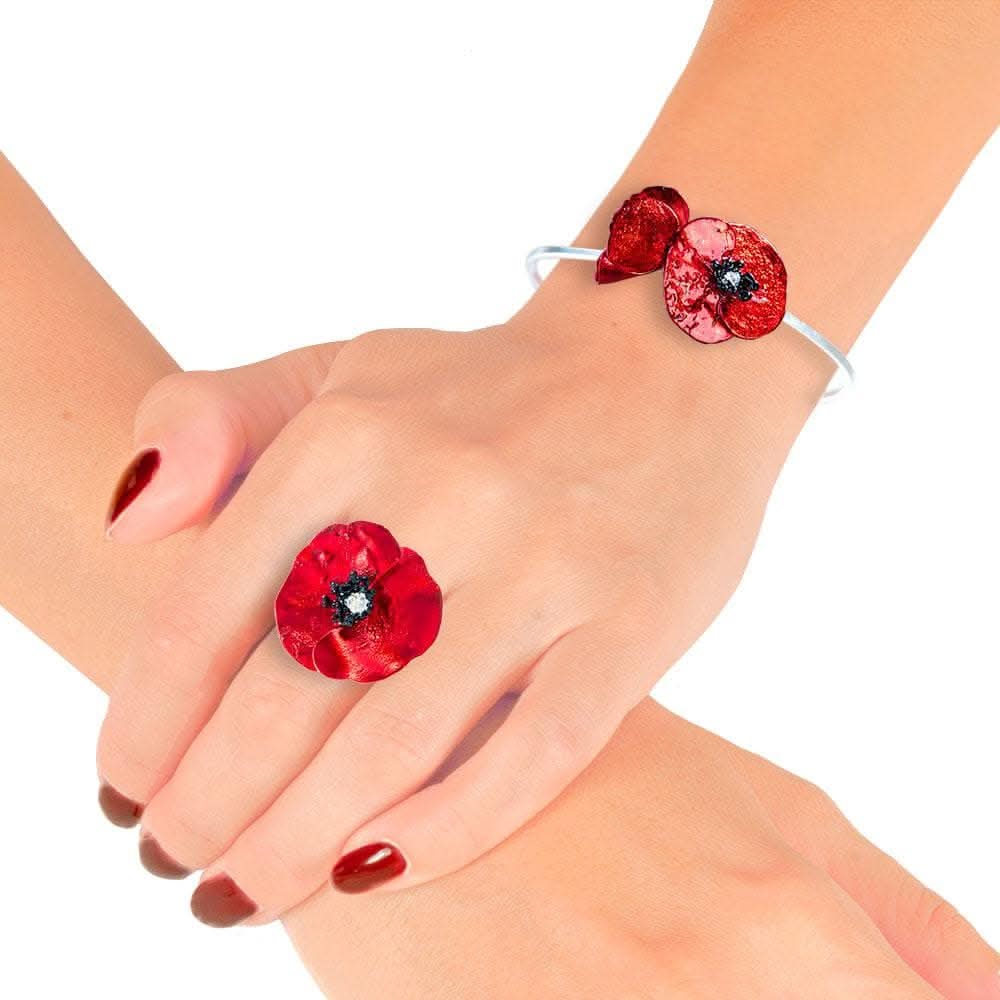 Handmade Silver Bracelet With Two Red Poppy Flowers - Anthos Crafts