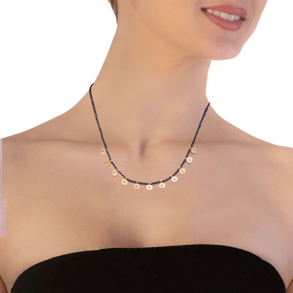 Handmade Short Necklace With Gold Plated Silver Coins & Hematite Stones - Anthos Crafts
