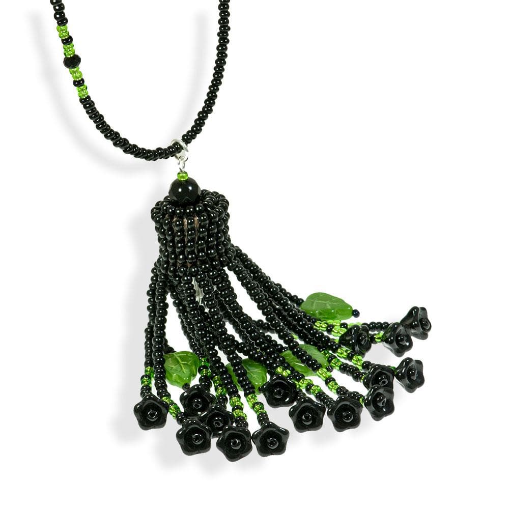 Handmade Black Green Shimmering Long Tassel Necklace - Anthos Crafts