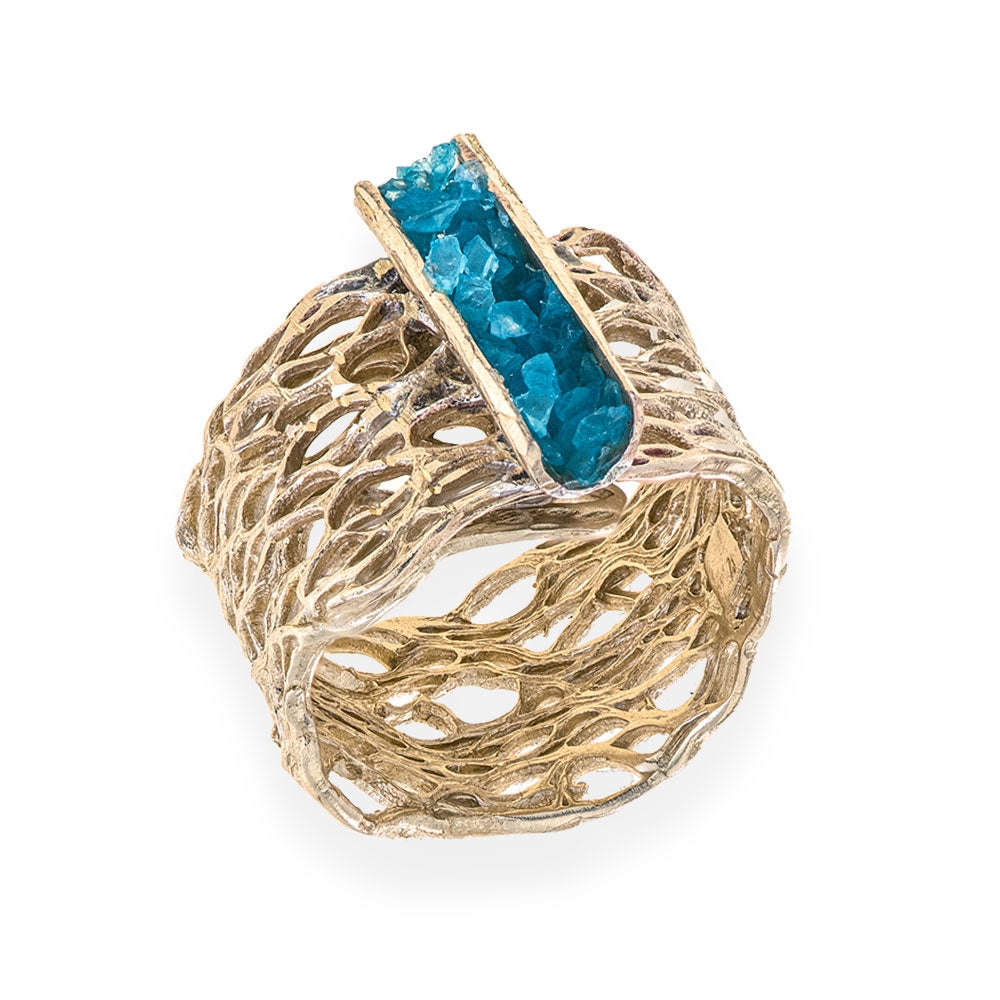 Handmade Diamond Curved Gold Plated Ring With Turquoise Crystals - Anthos Crafts