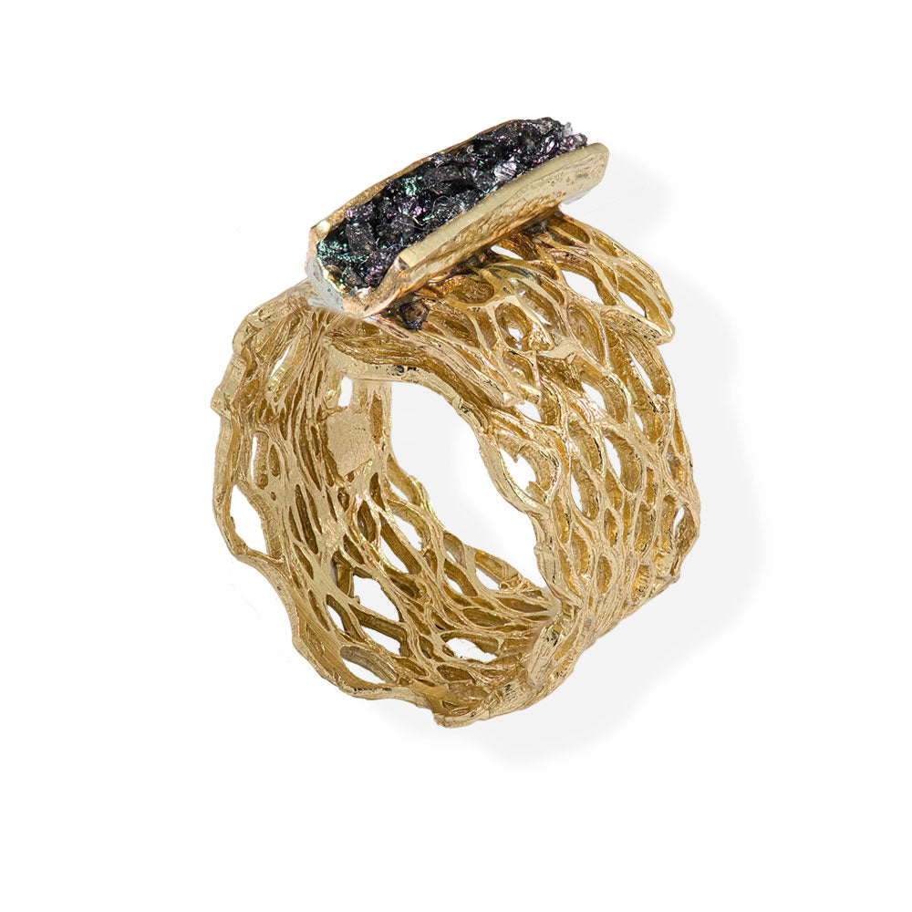 Handmade Diamond Curved Gold Plated Ring With Black Crystals - Anthos Crafts