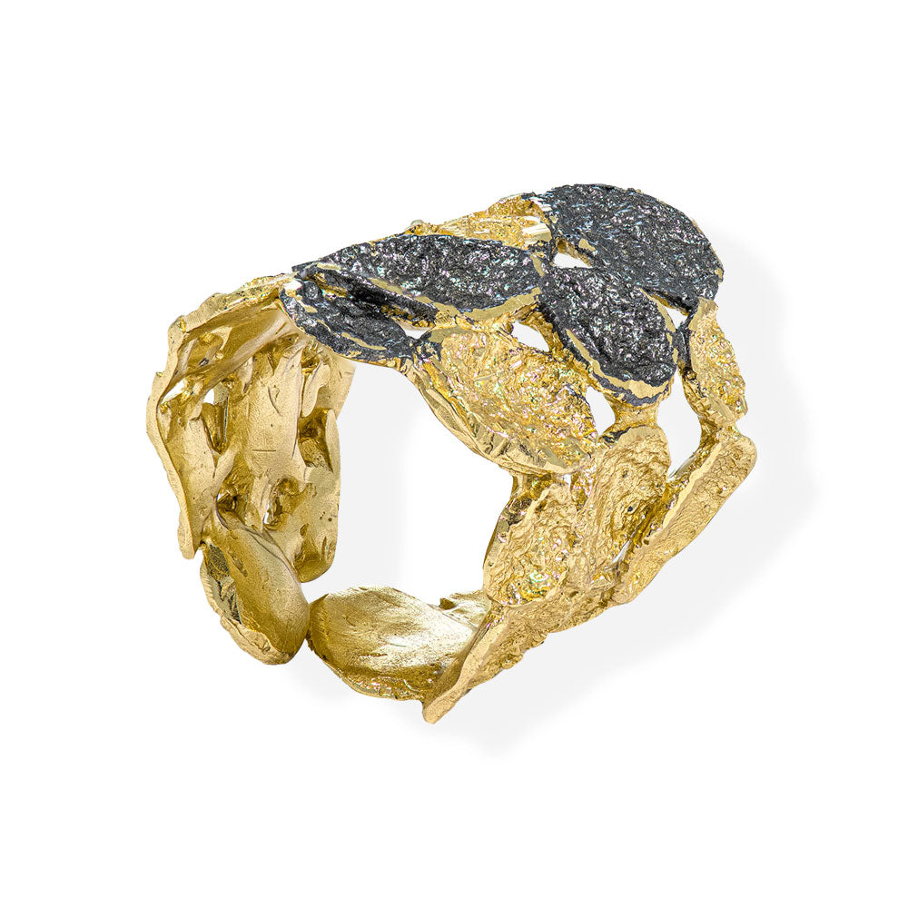 Handmade Diamond Curved Gold & Black Plated Ring Cactus - Anthos Crafts