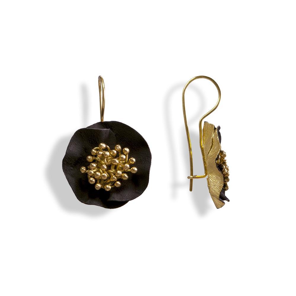 Handmade Gold Plated Silver Black Flower Earrings - Anthos Crafts