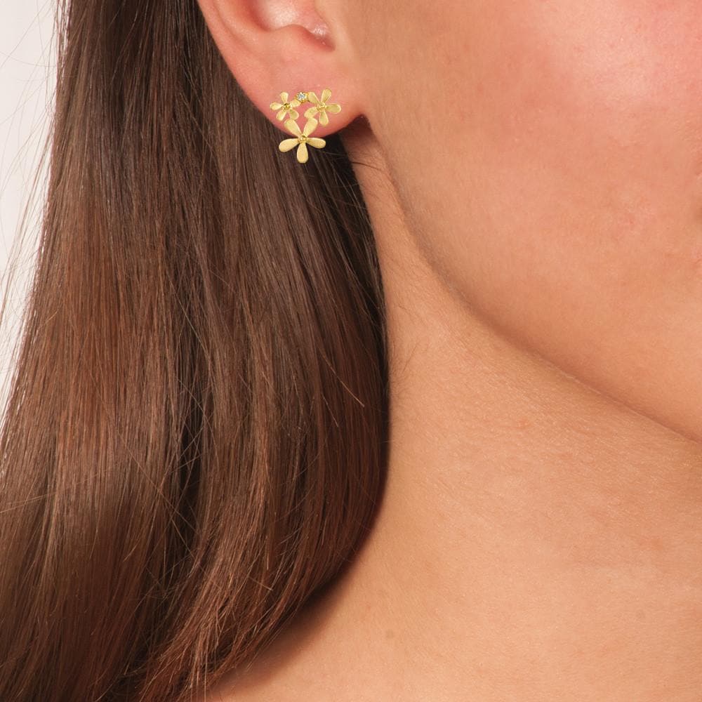 Handmade Gold Plated Silver Stud Earrings Little Flowers With Zircons - Anthos Crafts