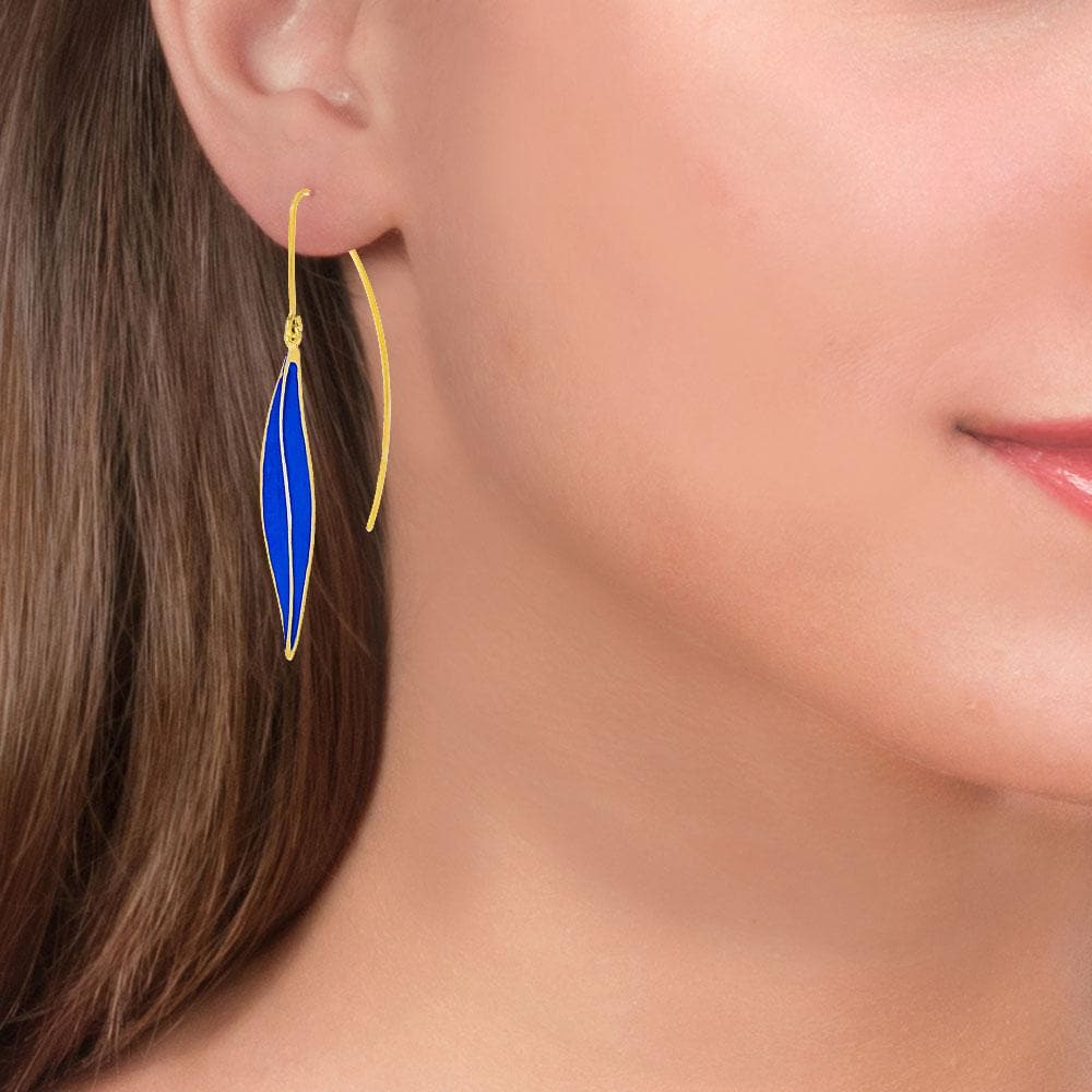 Handmade Gold Plated Silver Royal Blue Dangle Earrings Leaves - Anthos Crafts