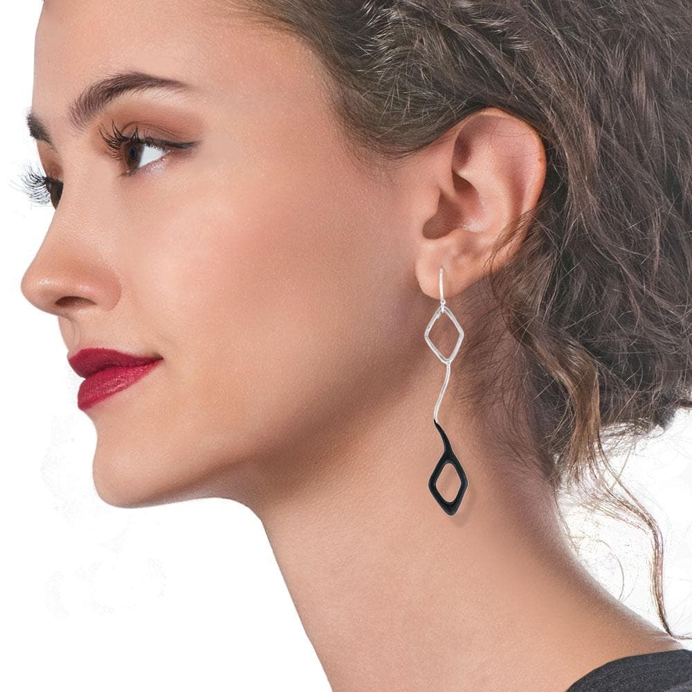 Handmade Silver Long Dangle Earrings With Black Enamel - Anthos Crafts