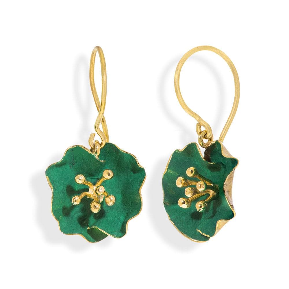 Handmade Gold Plated Silver Green Begonia Flower Dangle Earrings - Anthos Crafts