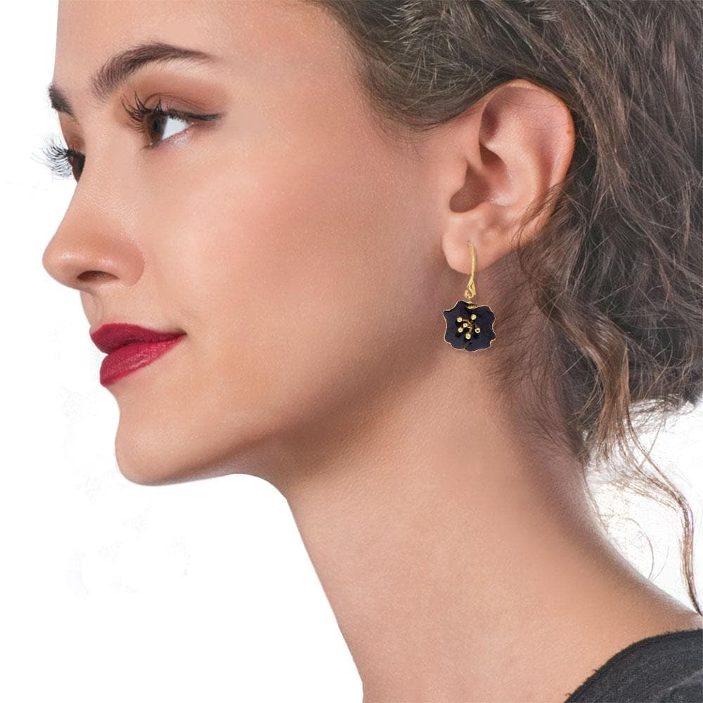 Handmade Gold Plated Silver Black Begonia Flower Dangle Earrings - Anthos Crafts