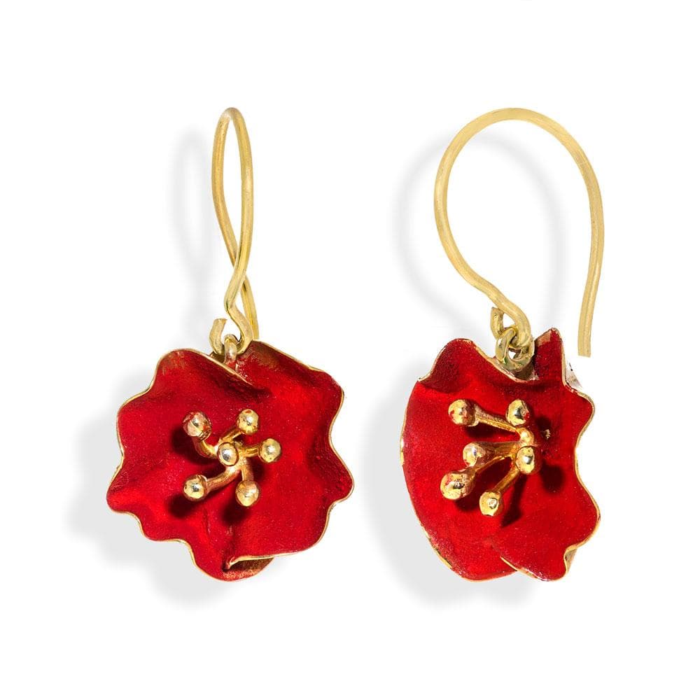 Handmade Gold Plated Silver Red Begonia Flower Dangle Earrings - Anthos Crafts