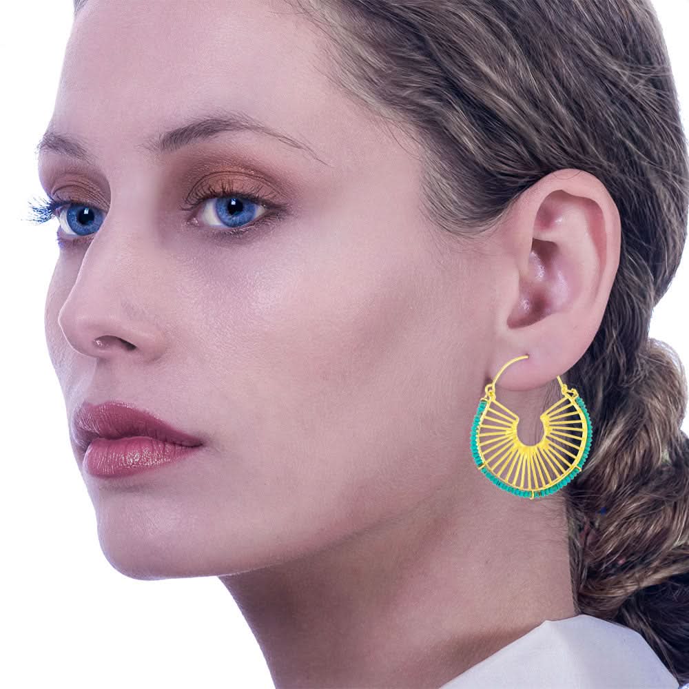 Handmade Gold Plated Earrings With Turquoise Gemstones Waves - Anthos Crafts