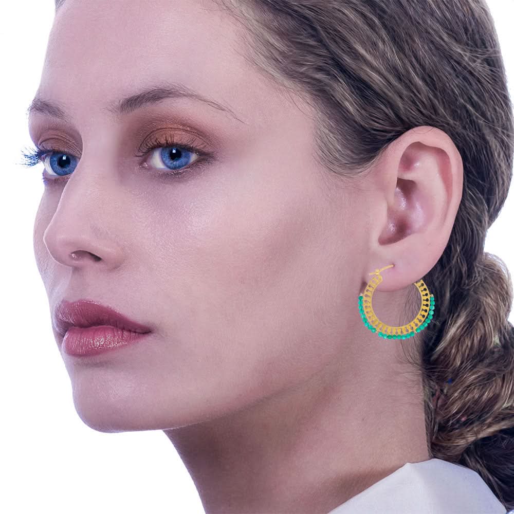 Handmade Gold Plated Silver Hoop Earrings With Green Agate - Anthos Crafts