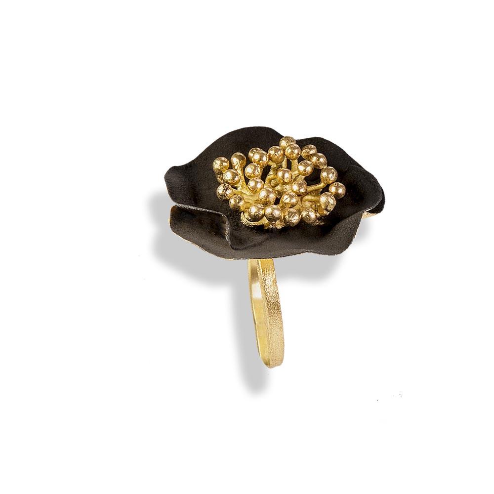 Handmade Gold Plated Silver Black Flower Ring - Anthos Crafts