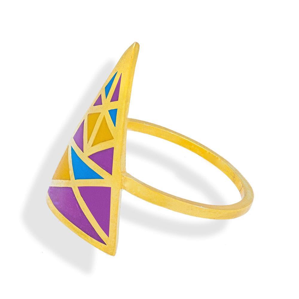 Handmade Gold Plated Silver Colorful Triangle Ring With Dovecote Patterns - Anthos Crafts
