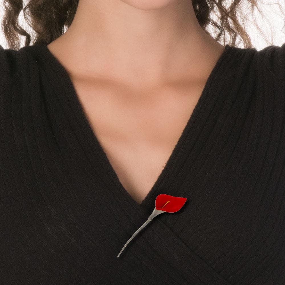 Handmade Black Plated Silver Red Lily Flower Brooch - Anthos Crafts