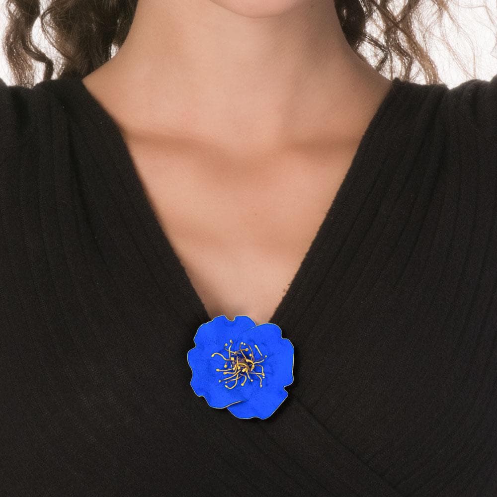 Handmade Gold Plated Royal Blue Poppy Flower Brooch - Anthos Crafts