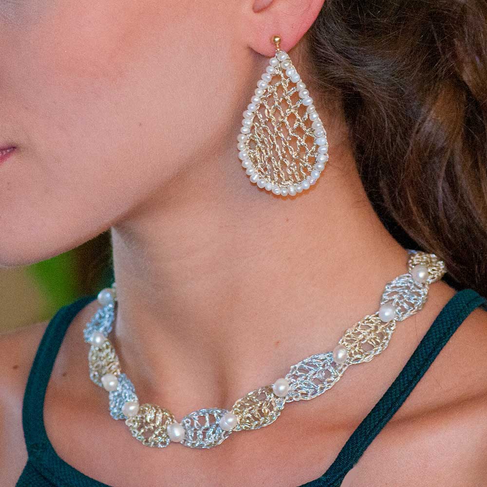 Handmade Gold & Silver Plated Crochet Choker Necklace with Pearls - Anthos Crafts