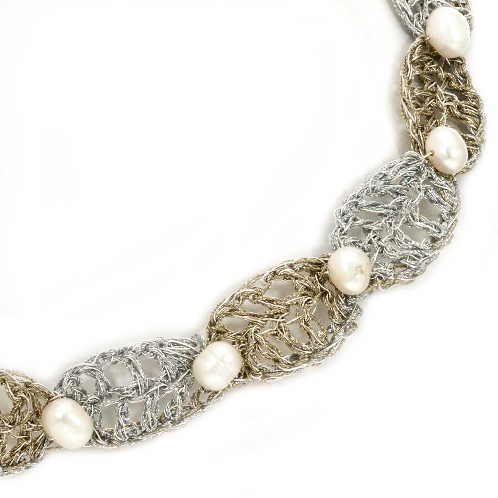 Handmade Gold & Silver Plated Crochet Choker Necklace with Pearls - Anthos Crafts