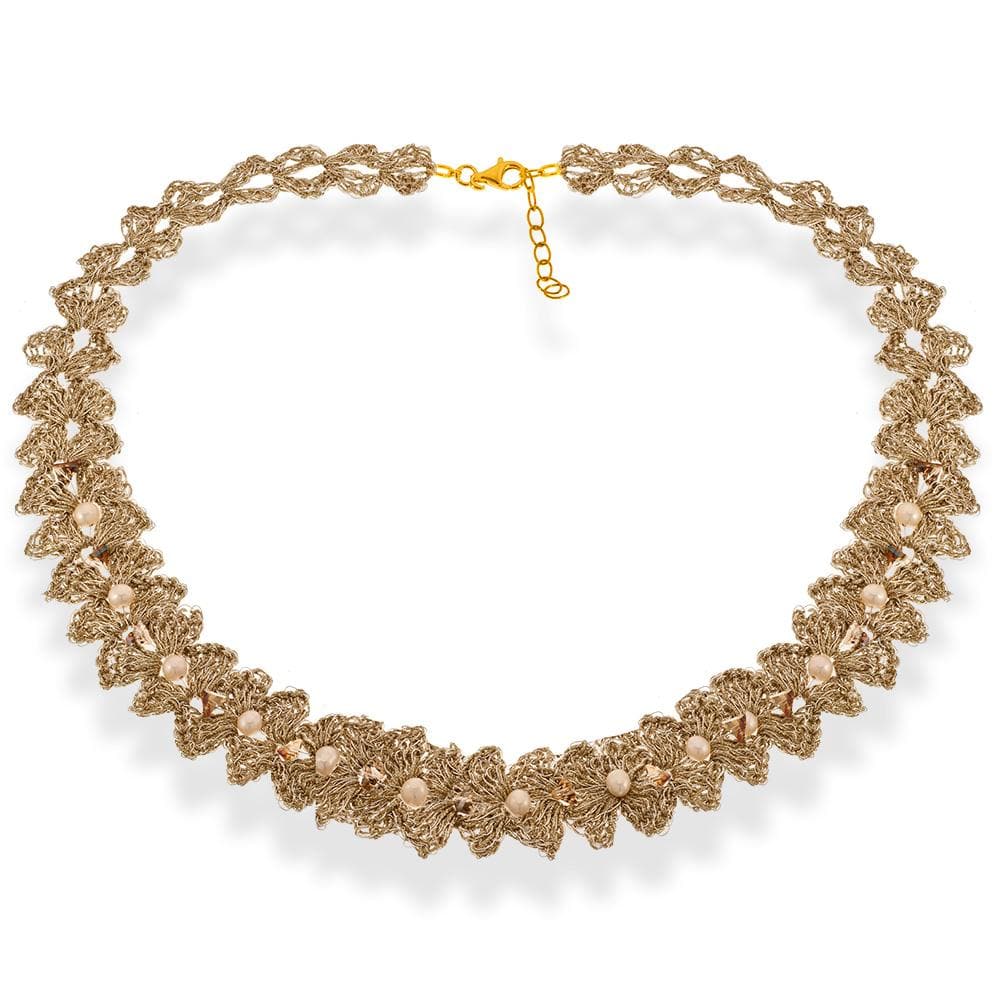 Handmade Gold Plated Crochet Choker Necklace with Flowers & Pearls - Anthos Crafts