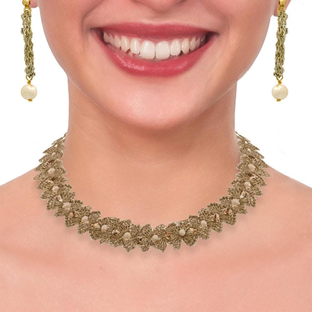 Handmade Gold Plated Crochet Choker Necklace with Flowers & Pearls - Anthos Crafts