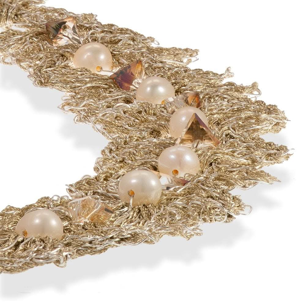 Handmade Gold Plated Crochet Choker Necklace with Flowers & Pearls - Anthos Crafts