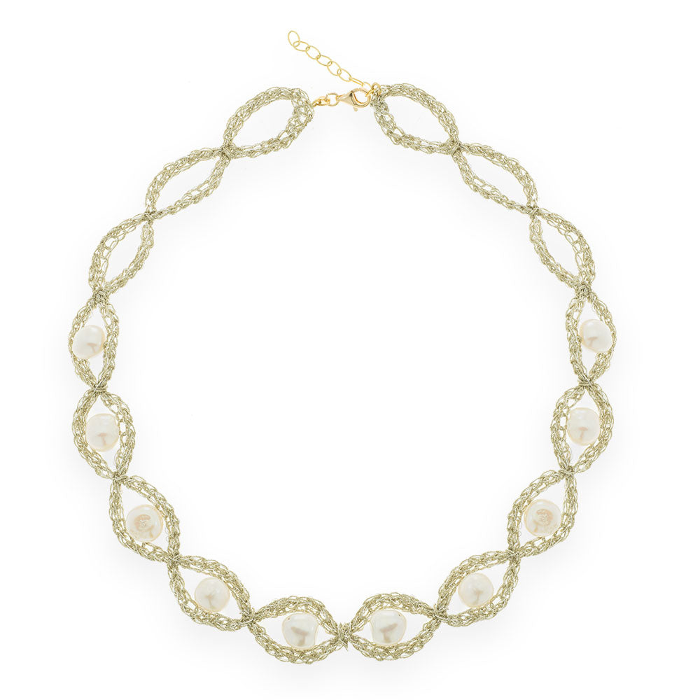 Handmade Gold Plated Crochet Choker Necklace with Pearls - Anthos Crafts