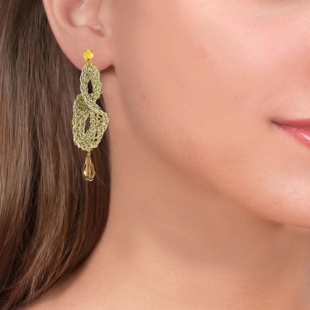 Handmade Gold Plated Crochet Drop Earrings With Smoking Quartz - Anthos Crafts