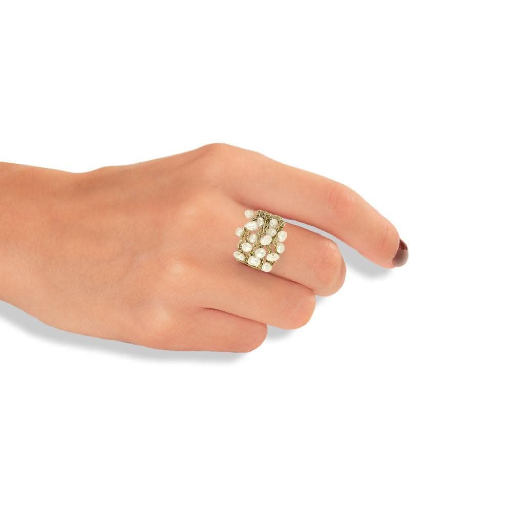 Handmade Gold Plated Crochet Knit Ring With Pearls - Anthos Crafts