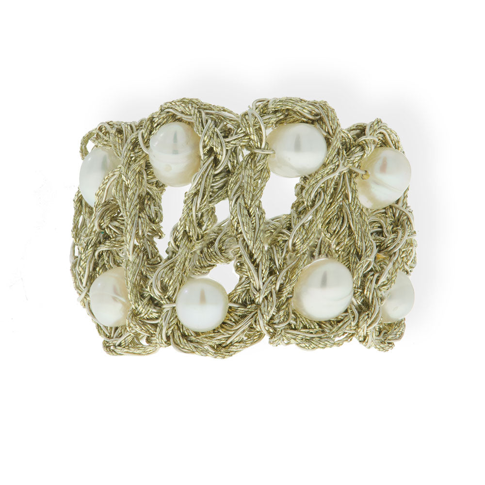 Handmade Gold Plated Crochet Knit Ring With Pearls - Anthos Crafts