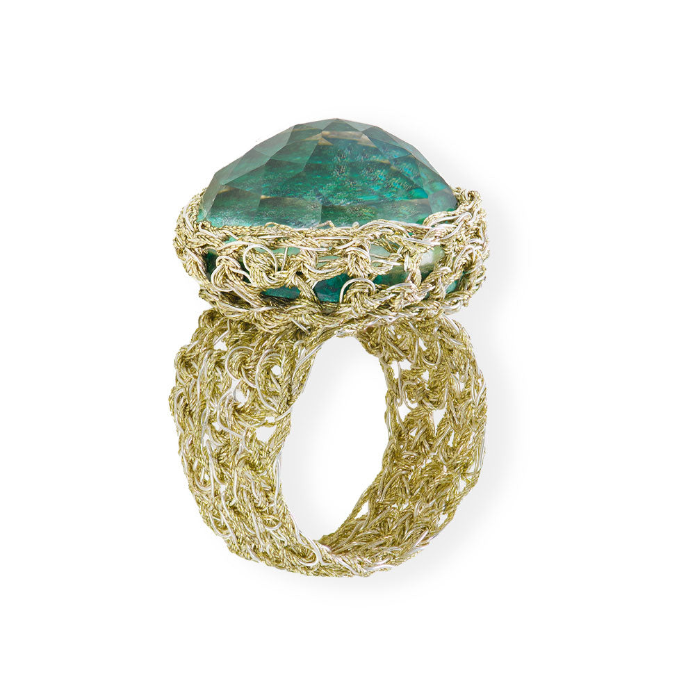 Handmade Gold Plated Crochet Ring With Chrysocolla Gemstone - Anthos Crafts