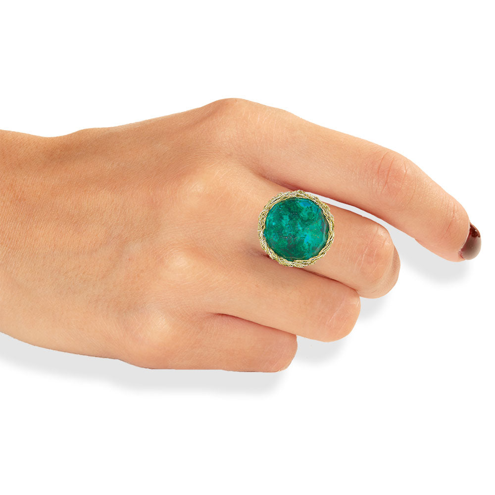 Handmade Gold Plated Crochet Ring With Chrysocolla Gemstone - Anthos Crafts