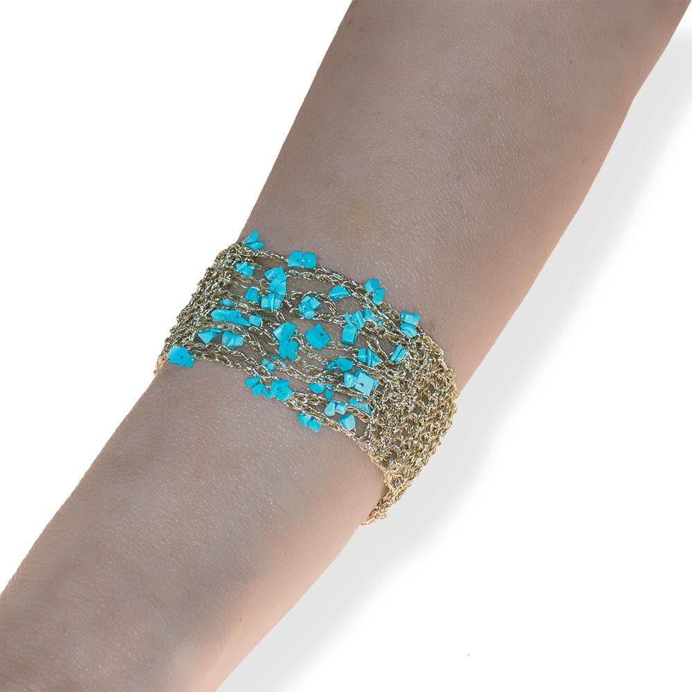 Handmade Gold Plated Knit Bracelet with Turquoise Stones - Anthos Crafts