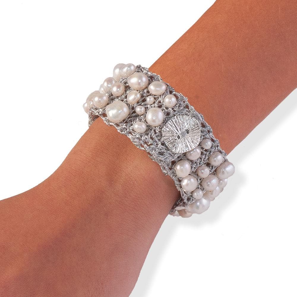 Handmade Silver Plated Crochet Knit Bracelet with Impressive Freshwater Pearls - Anthos Crafts