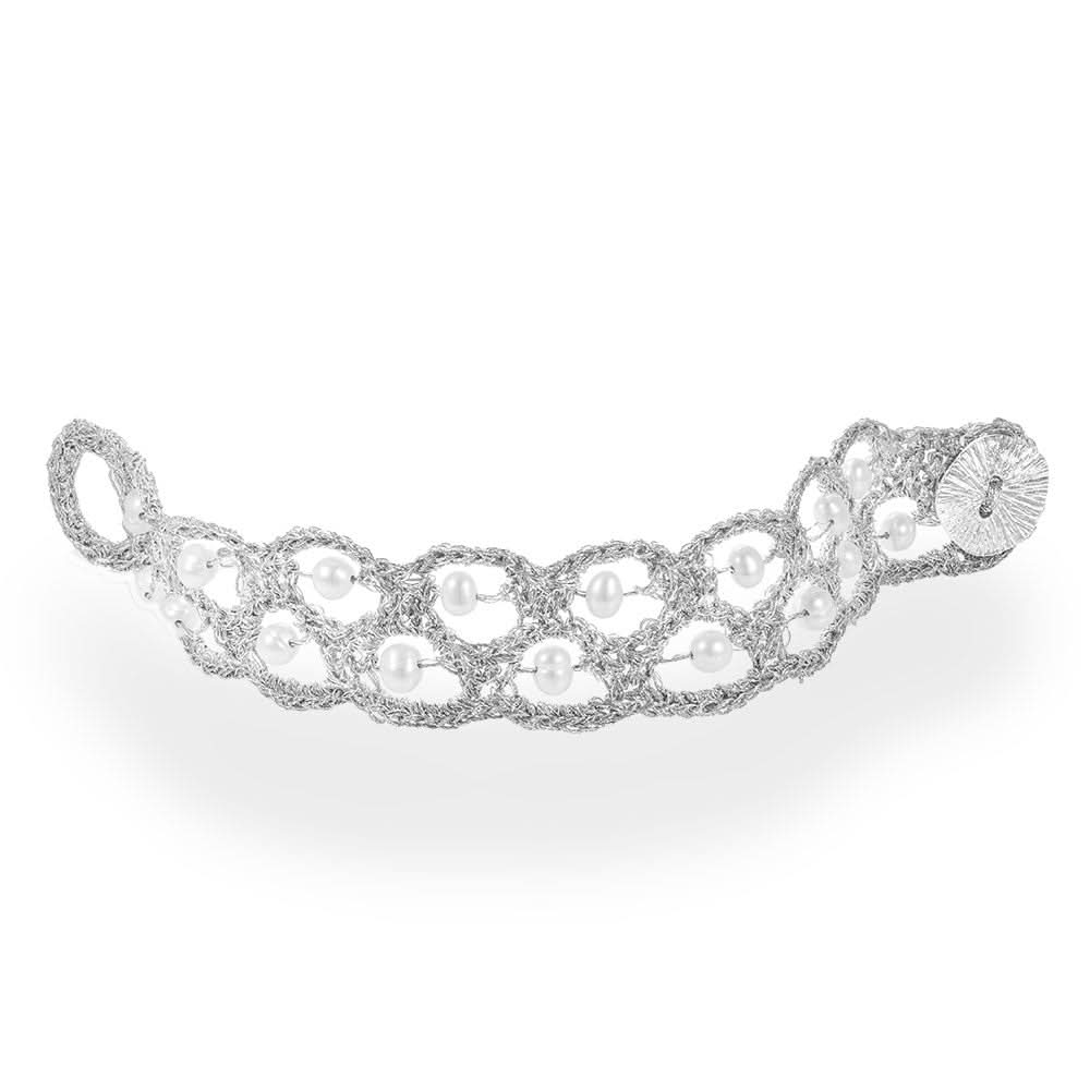 Handmade Silver Plated Crochet Bracelet with Pearls - Anthos Crafts