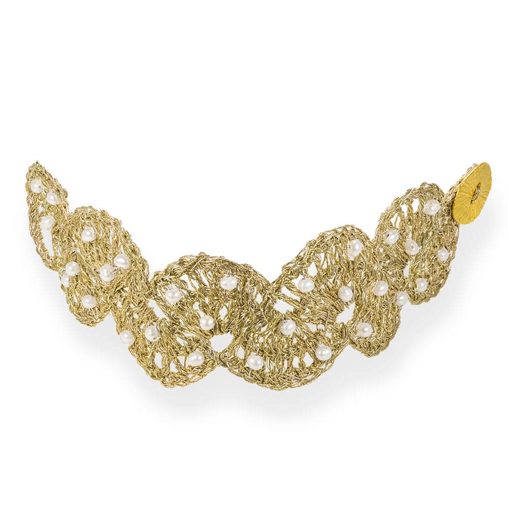 Handmade Gold Plated Crochet Bracelet Half Flower with Pearls - Anthos Crafts