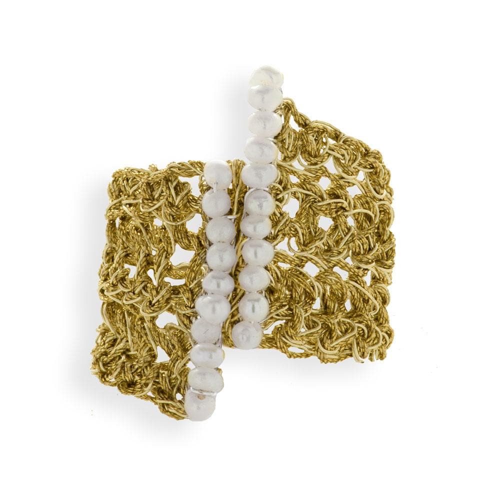 Handmade Gold Plated Crochet Knit Ring With 2 Rows of Pearls - Anthos Crafts